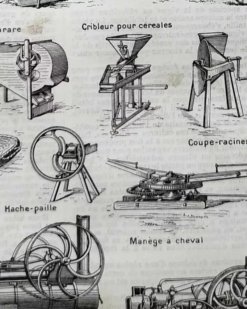 Agriculture, machines et outils, deux planches originales 1897 – verso encadré en décoration murale
