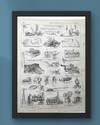 Agriculture, machines et outils, deux planches originales 1897
