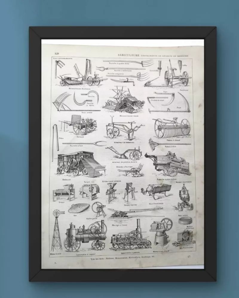Agriculture, machines et outils, deux planches originales 1897 – verso du document ancien
