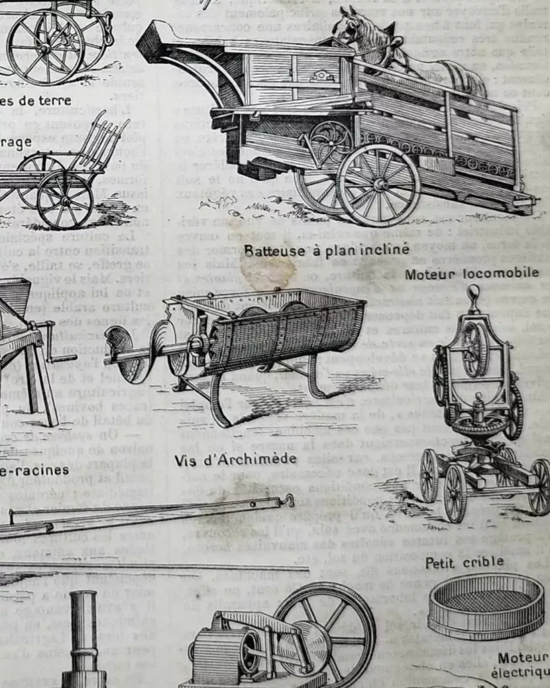 Agriculture, machines et outils, deux planches originales 1897 – verso encadré en décoration murale