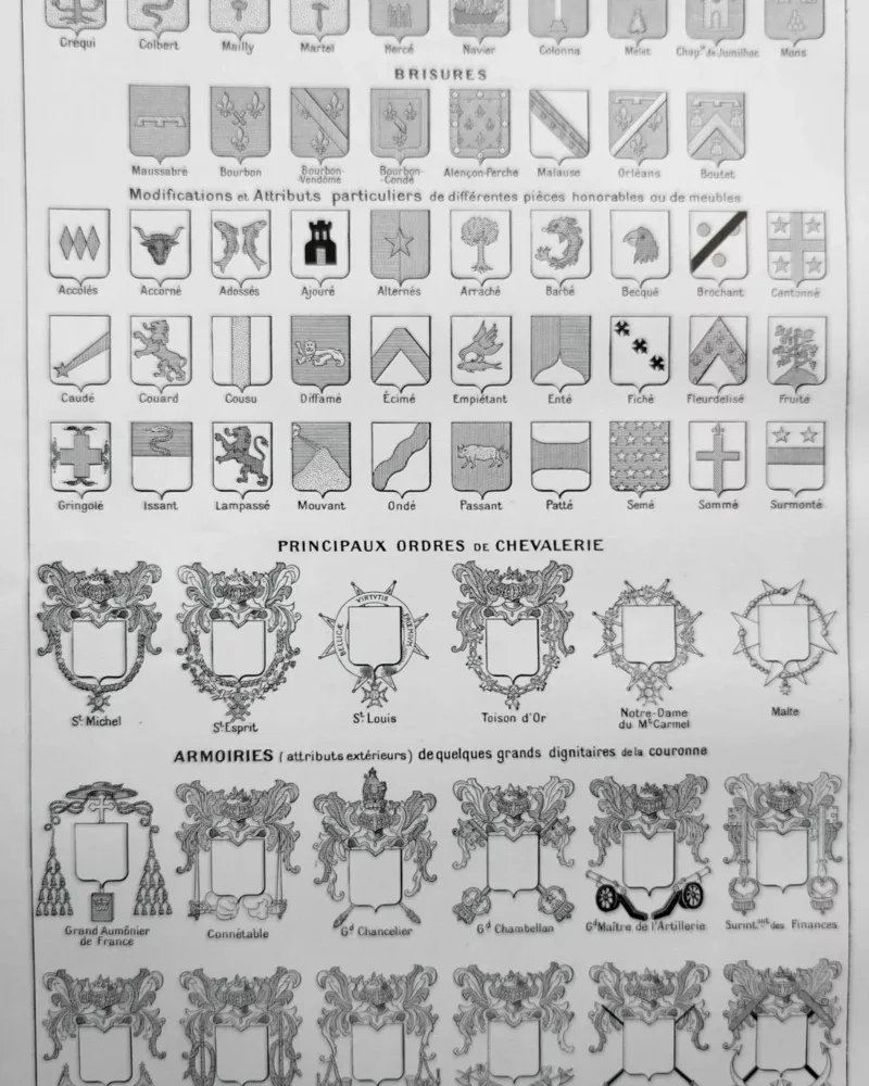 Blasons et héraldique, planche encyclopédique 1948 – verso du document ancien