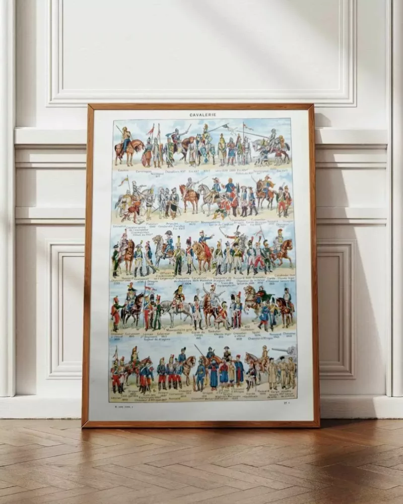 Cavalerie française, évolution historique, planche originale 1948 – planche encadrée en décoration murale