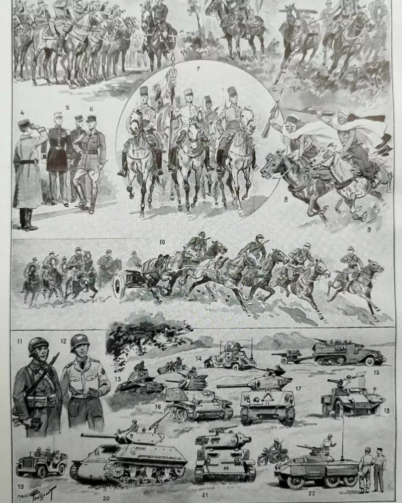 Cavalerie française, évolution historique, planche originale 1948 – verso du document ancien