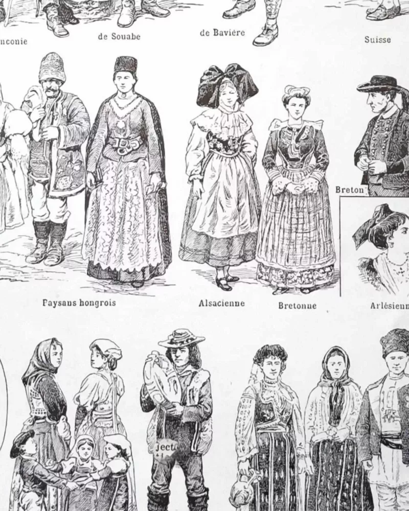 Costumes traditionnels I, des Gaulois à 1610, planche 1948 – verso encadré en décoration murale
