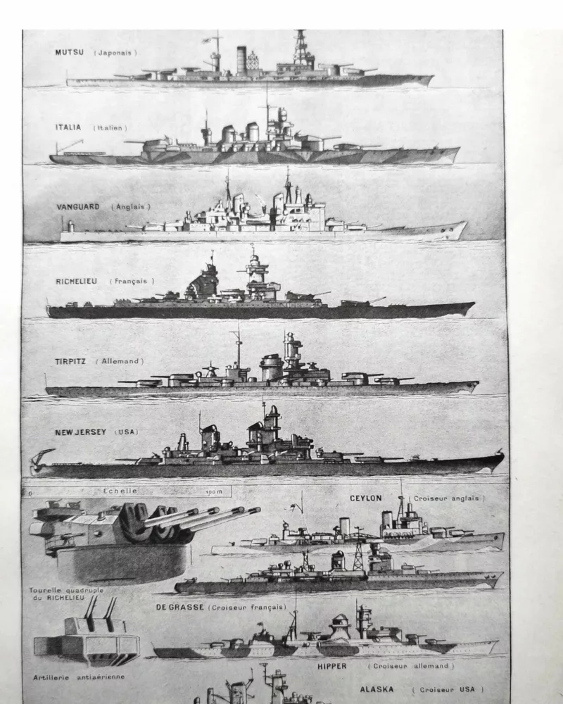 Cuirassés et navires militaires, planche 1948 – planche ancienne entière