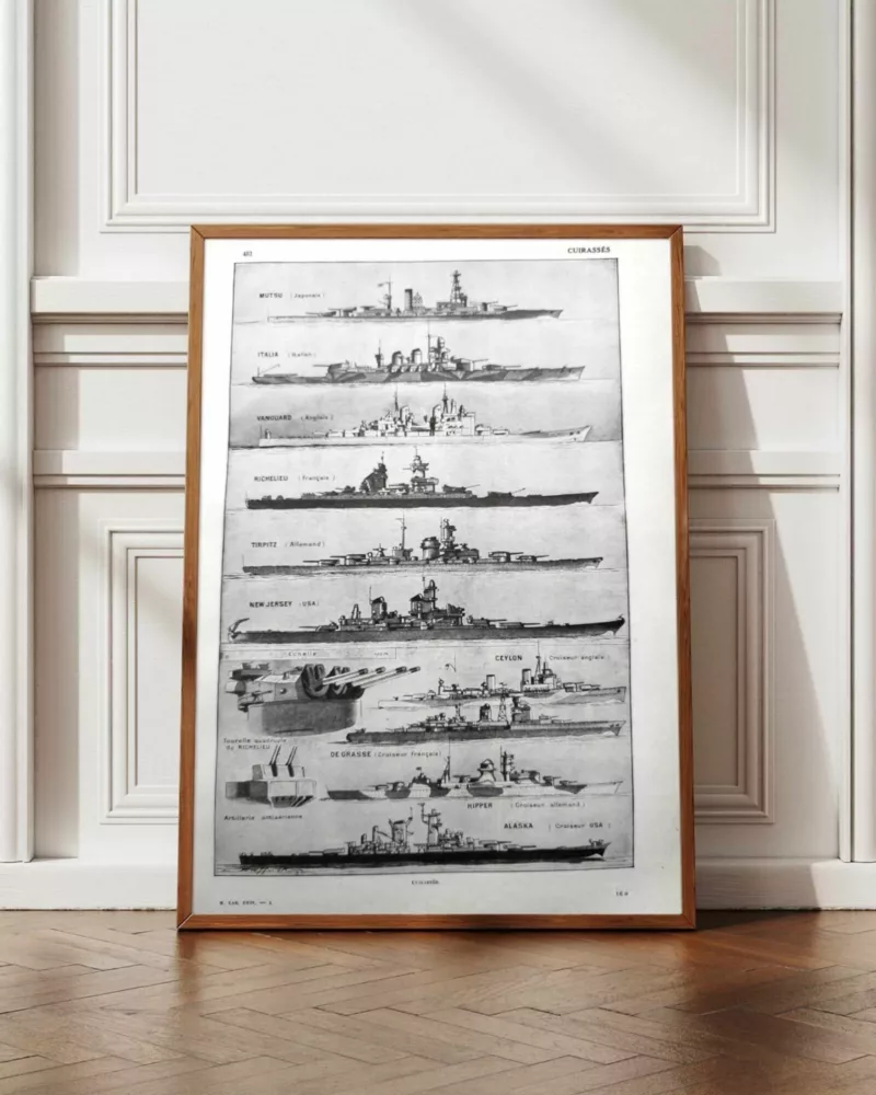 Cuirassés et navires militaires, planche 1948 – planche encadrée en décoration murale