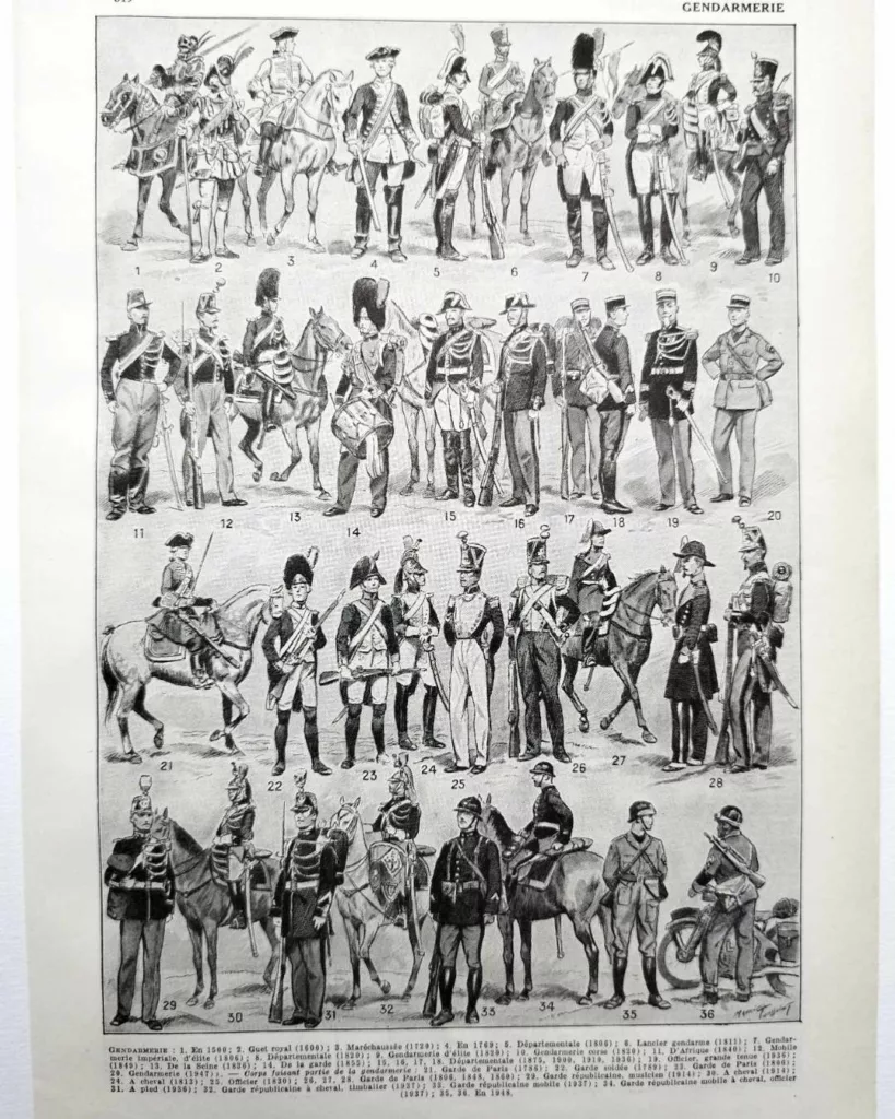 Gendarmerie française, uniformes historiques, planche 1948