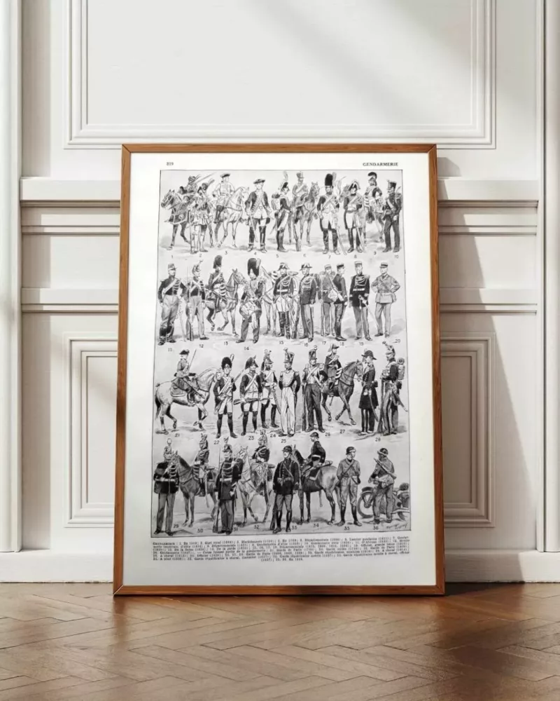 Gendarmerie française, uniformes historiques, planche 1948 – planche encadrée en décoration murale