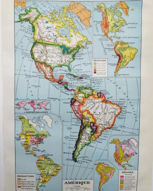 Carte géographique ancienne de l’Amérique en couleurs, relief, productions et géologie – 1948