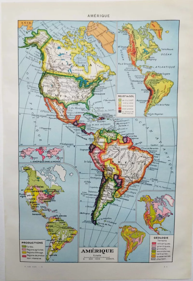 NU11948AMER-R-amerique-carte-geographie Carte géographique ancienne de l’Amérique en couleurs, relief, productions et géologie – 1948