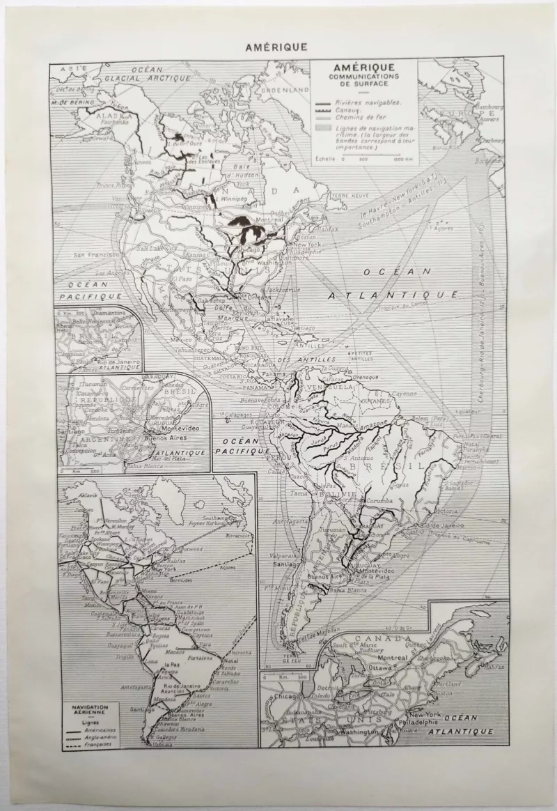 NU11948AMER-V-navigation-maritime-aerien Carte ancienne des communications en Amérique, navigation maritime, aérienne et chemins de fer – 1948