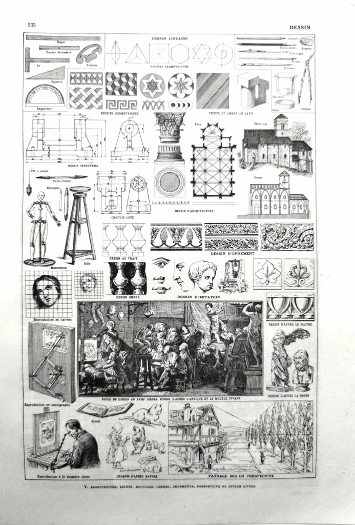 Dessin, techniques et outils artistiques, planche encyclopédique originale de 1948