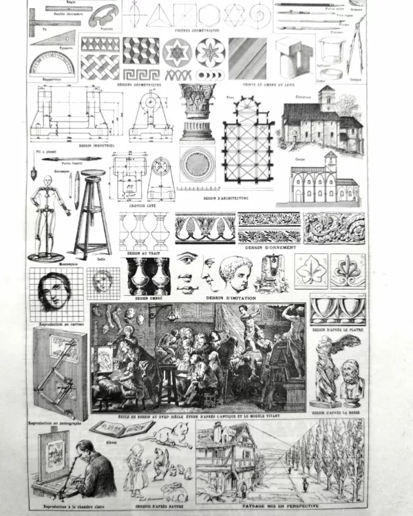 NU11948DESS-R-dessin Dessin, techniques et outils artistiques, planche encyclopédique originale de 1948