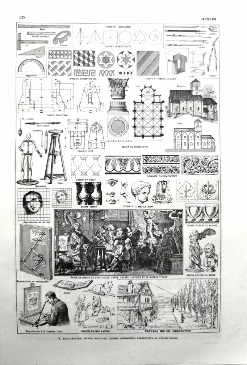 NU11948DESS-R-dessin Dessin, techniques et outils artistiques, planche encyclopédique originale de 1948