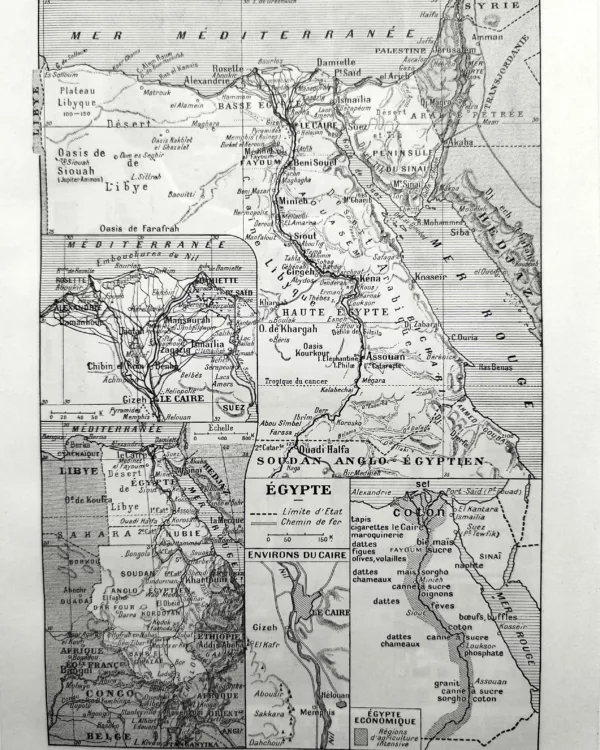 Égypte en 1948, carte géographique du Nil et du territoire égyptien