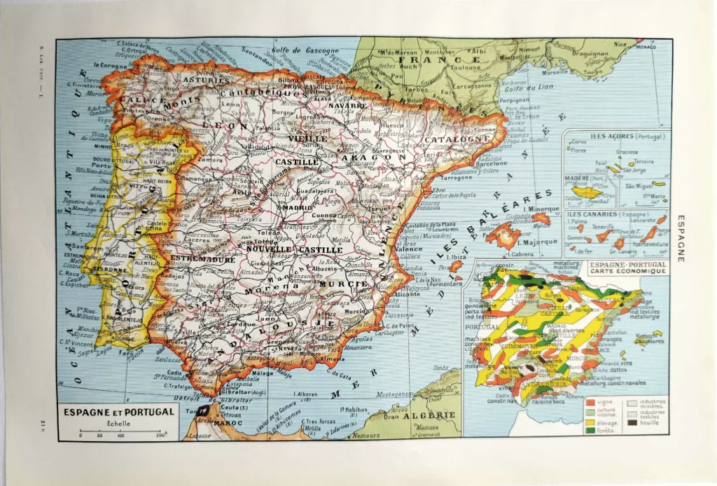 Espagne et Portugal en 1948, carte géographique de la péninsule Ibérique
