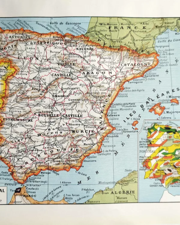 NU11948ESPA-R-carte-espagne-portugal Espagne et Portugal en 1948, carte géographique de la péninsule Ibérique