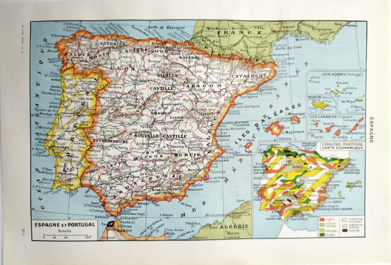 NU11948ESPA-R-carte-espagne-portugal Espagne et Portugal en 1948, carte géographique de la péninsule Ibérique