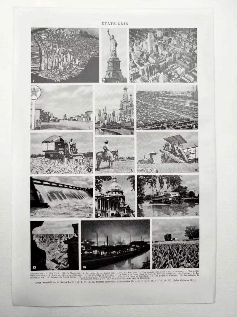 États-Unis en 1948, paysages et activités, verso de la planche géographique
