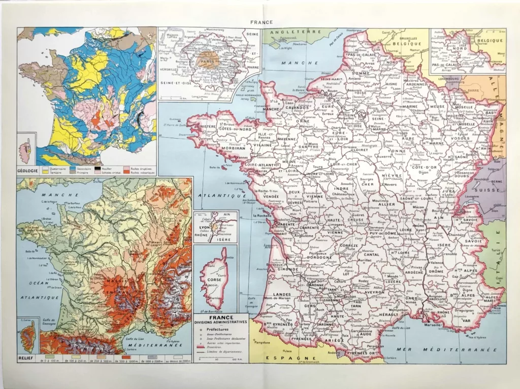 Carte ancienne de France en 1948 avec départements et grands repères géographiques
