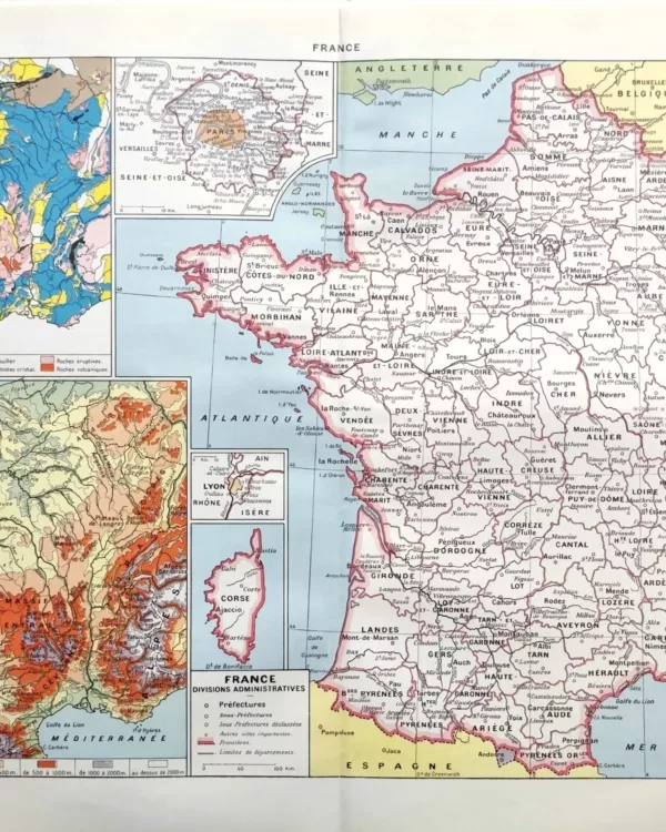 NU11948FRAN-R-France-carte-departements Carte ancienne de France en 1948 avec départements et grands repères géographiques