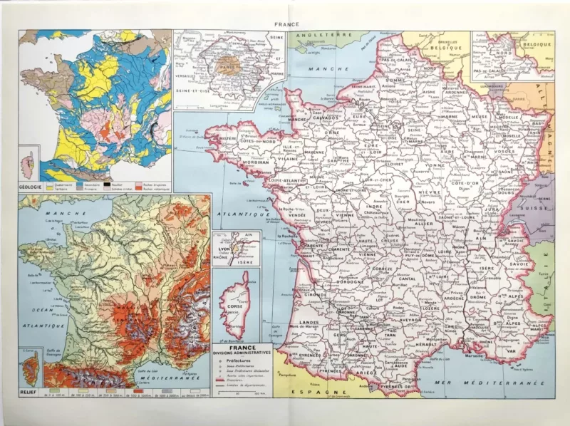 NU11948FRAN-R-France-carte-departements Carte ancienne de France en 1948 avec départements et grands repères géographiques