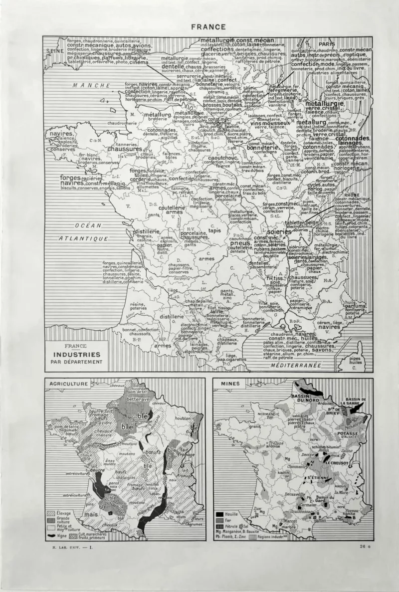 NU11948FRAN-V1-France-carte-industries Carte ancienne de France en 1948 consacrée aux industries et activités économiques