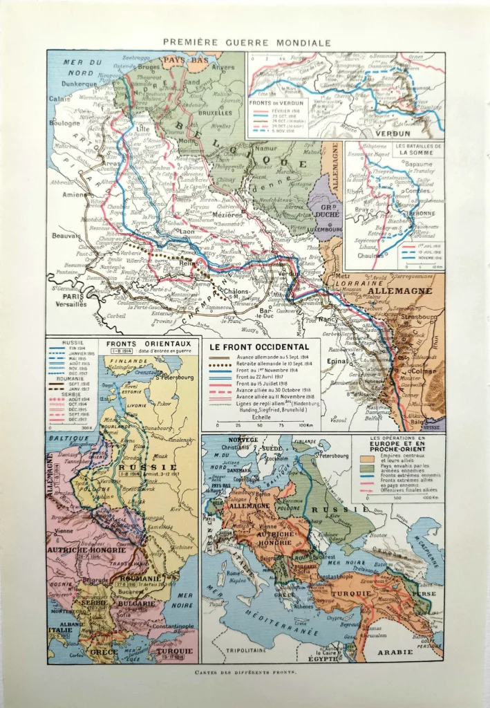 Première Guerre mondiale, planche historique encyclopédique originale de 1948