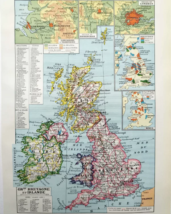 NU11948GRAN-R-grande-bretagne-irlande Grande-Bretagne et Irlande, carte géographique, planche encyclopédique de 1948