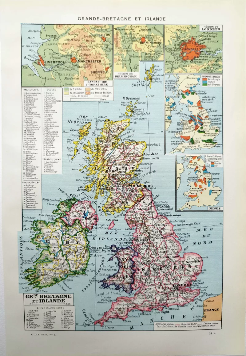 NU11948GRAN-R-grande-bretagne-irlande Grande-Bretagne et Irlande, carte géographique, planche encyclopédique de 1948