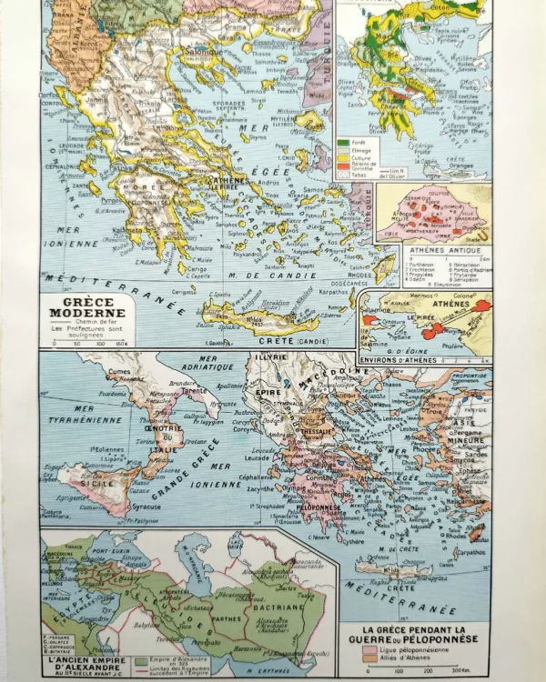 Grèce, carte géographique, planche encyclopédique originale de 1948