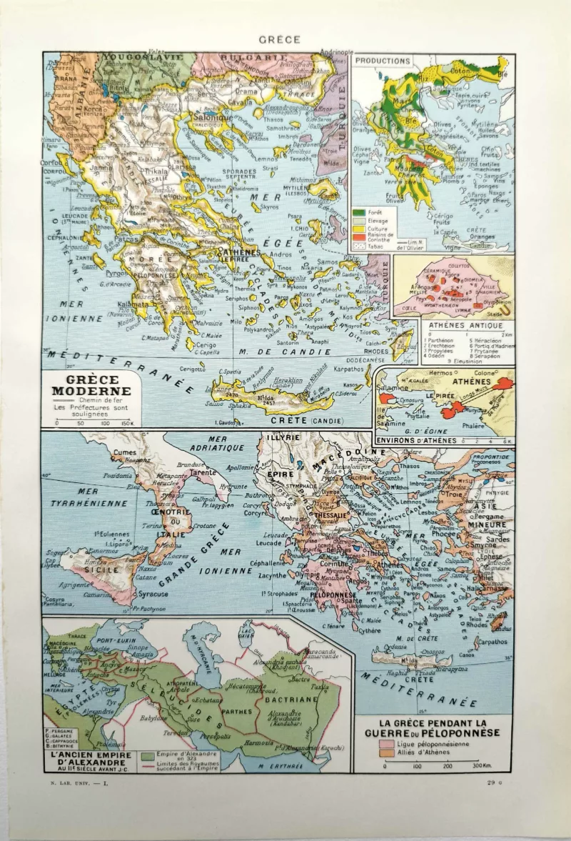 NU11948GREC-R-grece-carte Grèce, carte géographique, planche encyclopédique originale de 1948
