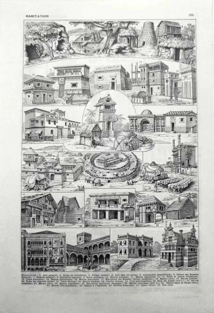 Habitations et abris, formes d’habitat, planche encyclopédique originale de 1948