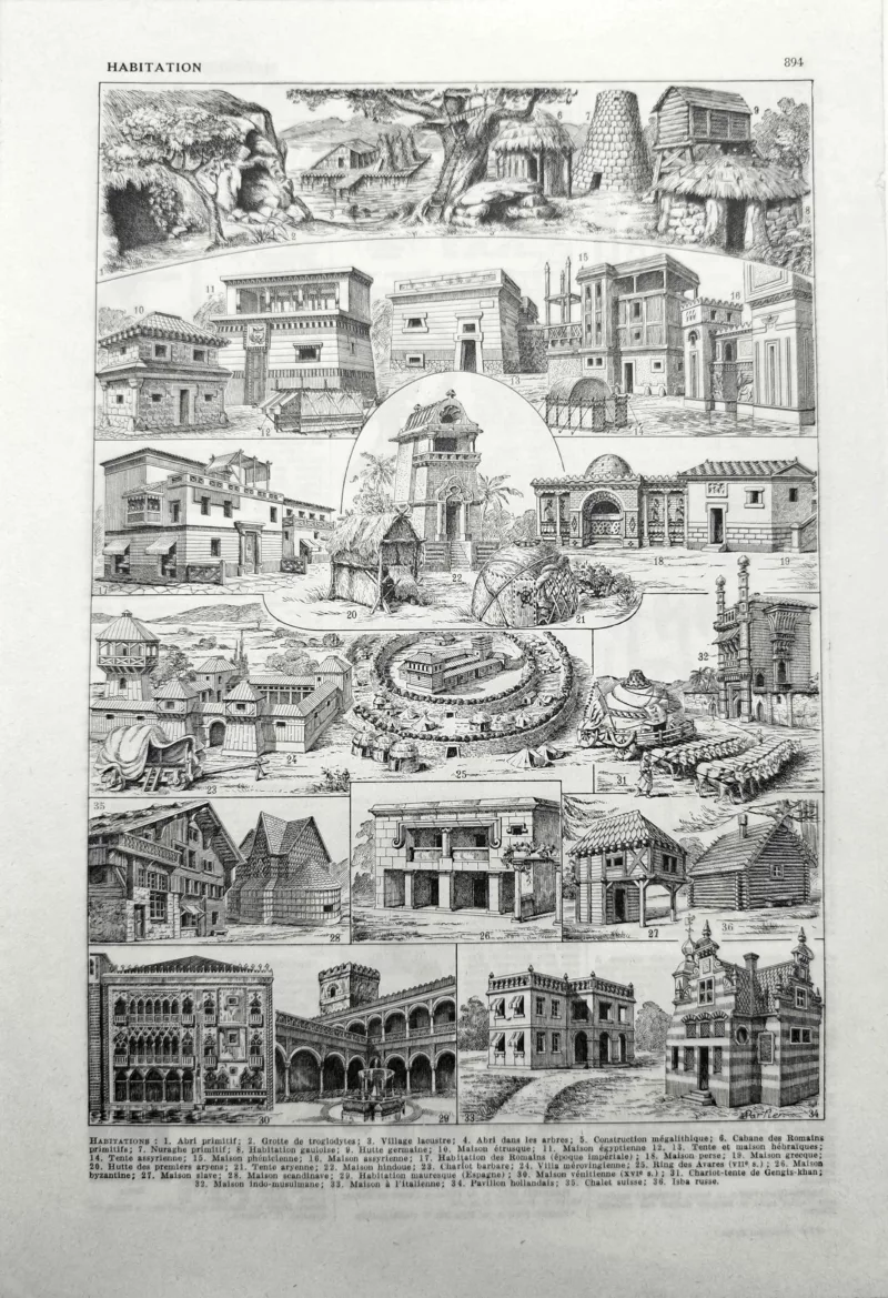 NU11948HAB1-R-habitations-abri Habitations et abris, formes d’habitat, planche encyclopédique originale de 1948