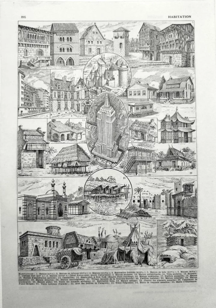 Habitations, maisons et habitat, planche encyclopédique originale de 1948