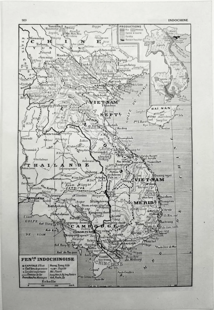 Indochine en 1948, carte géographique, planche encyclopédique originale