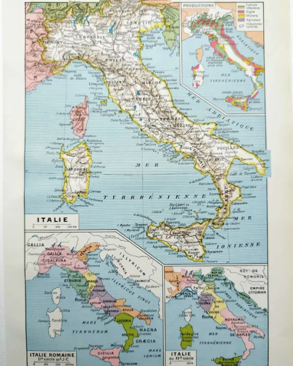 Italie en 1948, carte géographique, planche encyclopédique originale