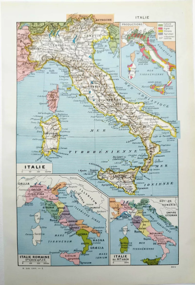 NU11948ITAL-R-Italie-carte Italie en 1948, carte géographique, planche encyclopédique originale