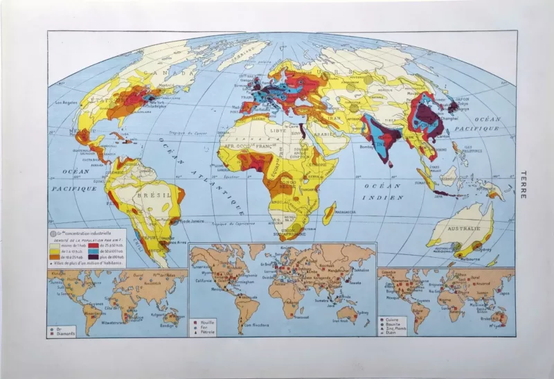 La Terre, populations et ressources mondiales, planche géographique de 1949