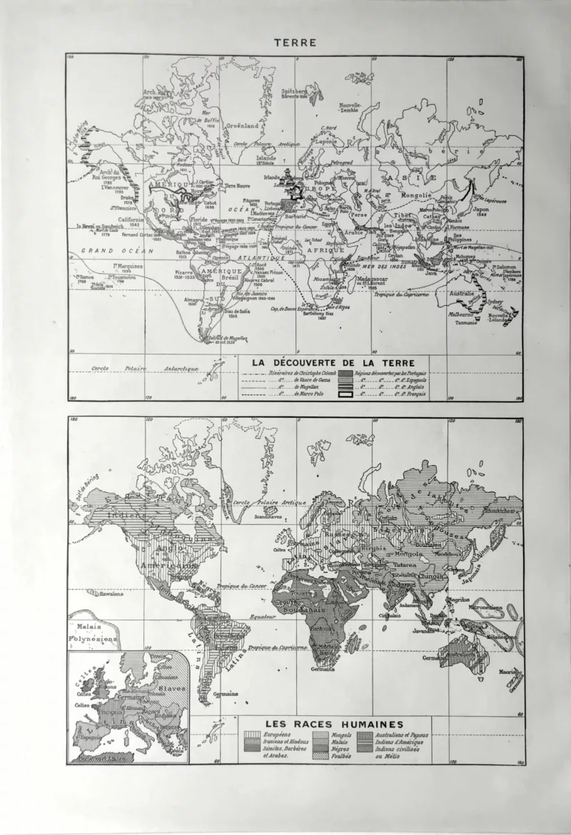 Découverte et exploration de la Terre, verso d’une planche géographique de 1949