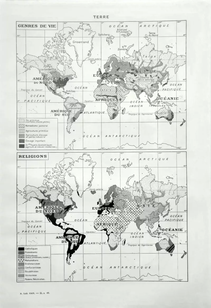 Peuples nomades et religions du monde, verso d’une planche géographique de 1949