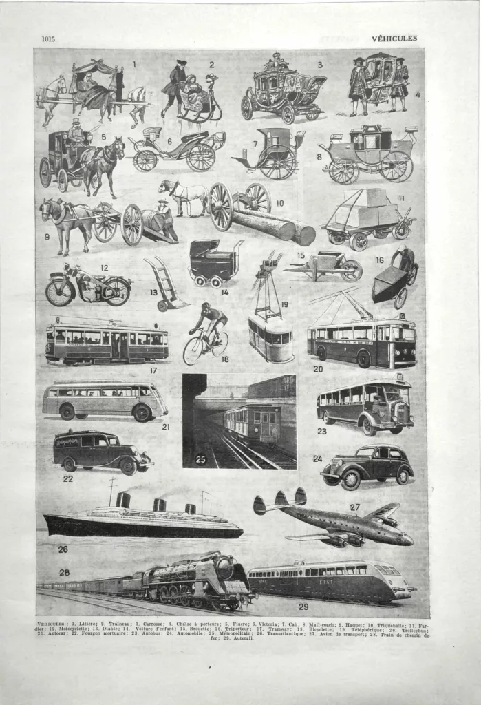 Véhicules et moyens de transport, planche encyclopédique ancienne de 1949