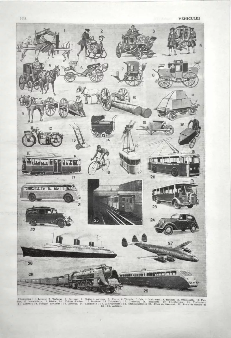NU21949VEHI-R-vehicules-moyens-transport Véhicules et moyens de transport, planche encyclopédique ancienne de 1949