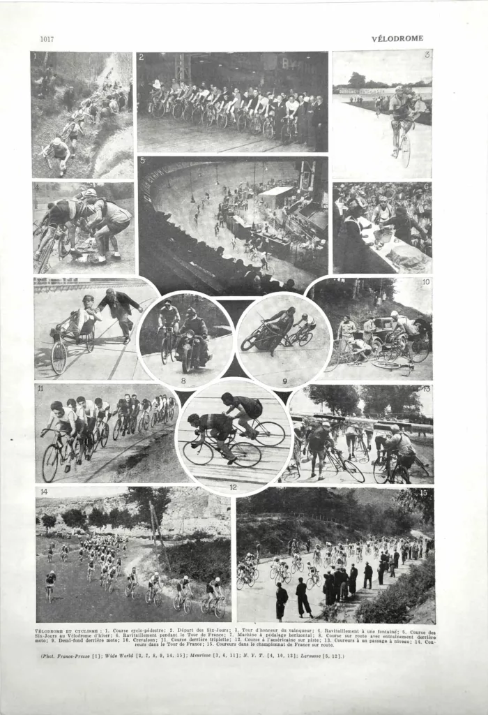 Vélodrome et cyclisme sur piste, planche sportive ancienne de 1949