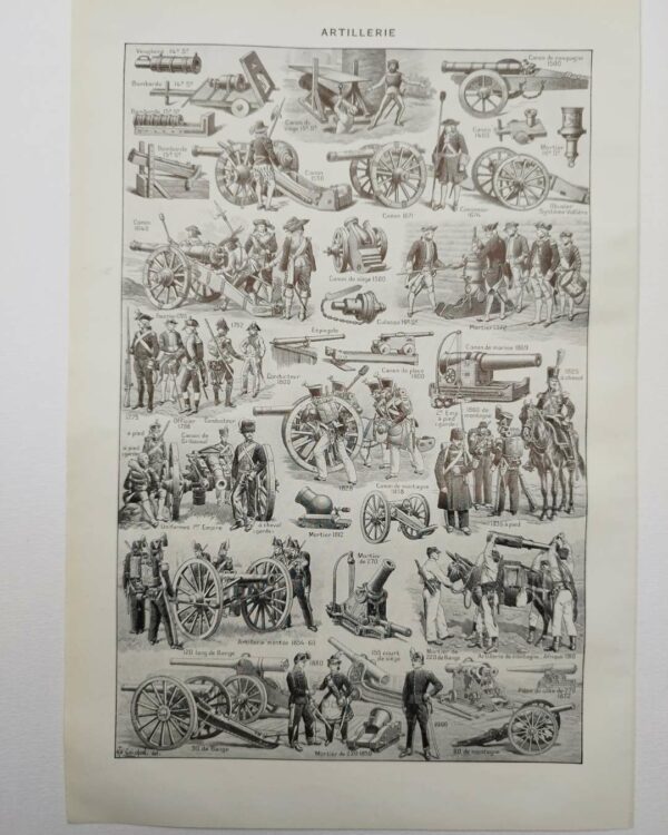 Artillerie, deux planches historiques originales 1948