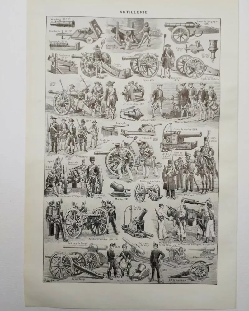 Artillerie, deux planches historiques originales 1948