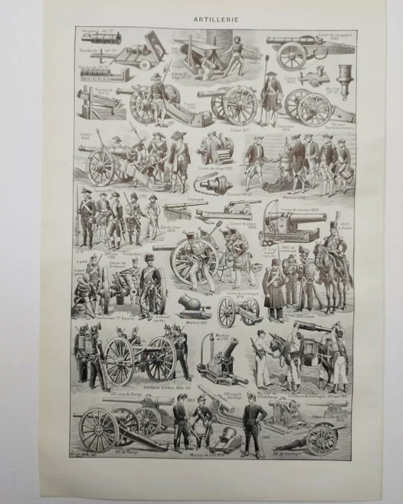 Artillerie, deux planches historiques originales 1948