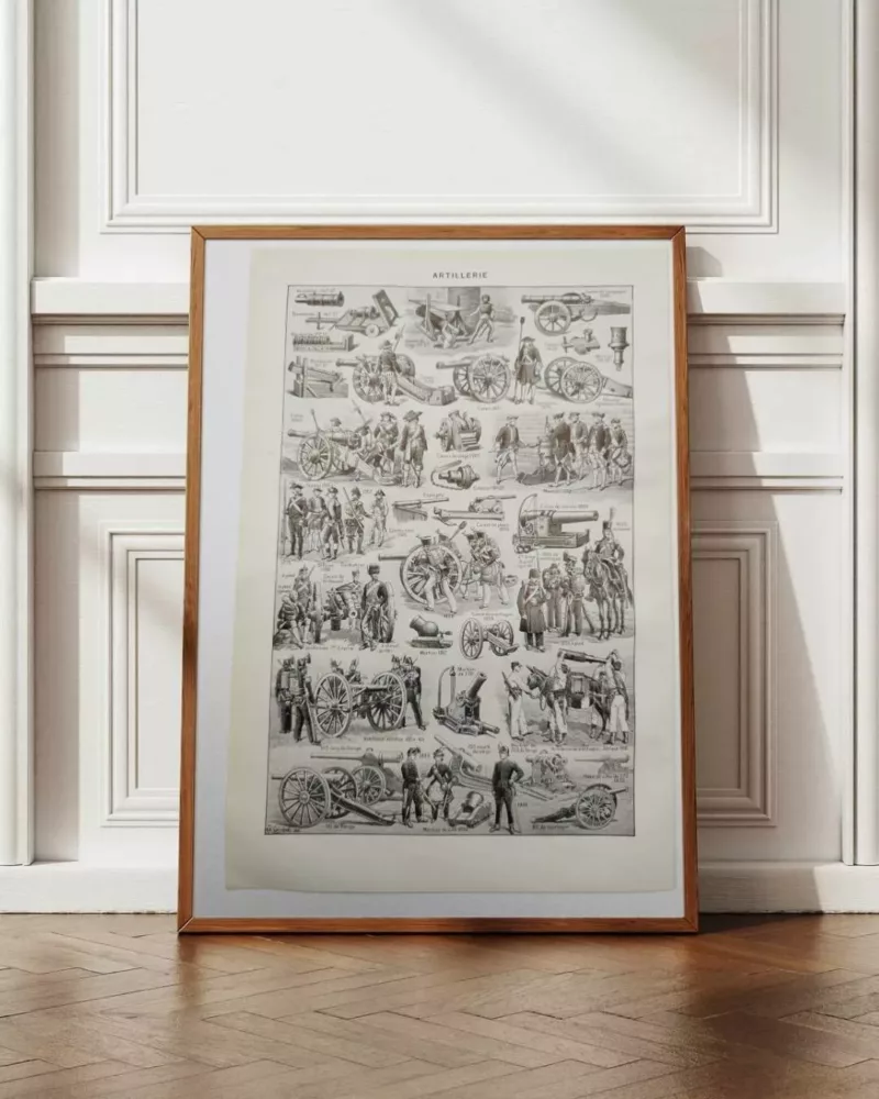 Artillerie, deux planches historiques originales 1948 – planche encadrée en décoration murale
