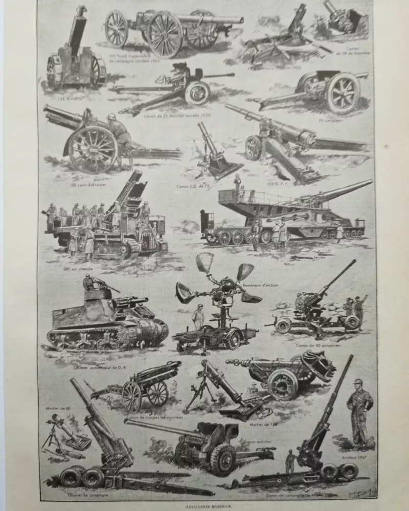 Artillerie, deux planches historiques originales 1948 – verso du document ancien