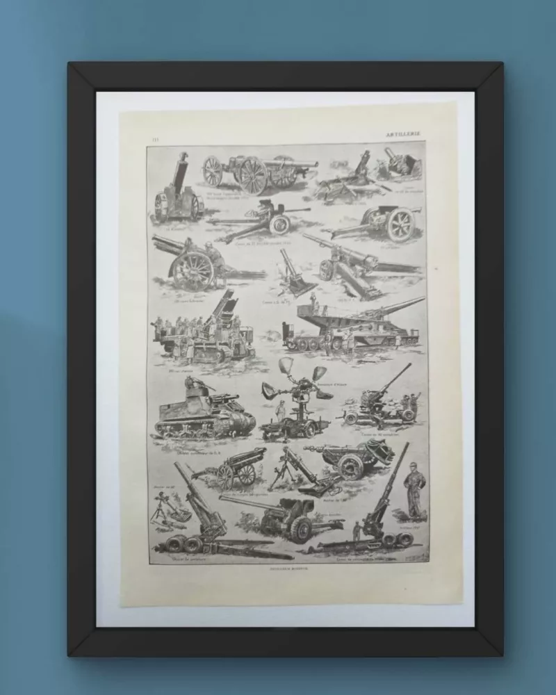 Artillerie, deux planches historiques originales 1948 – verso du document ancien